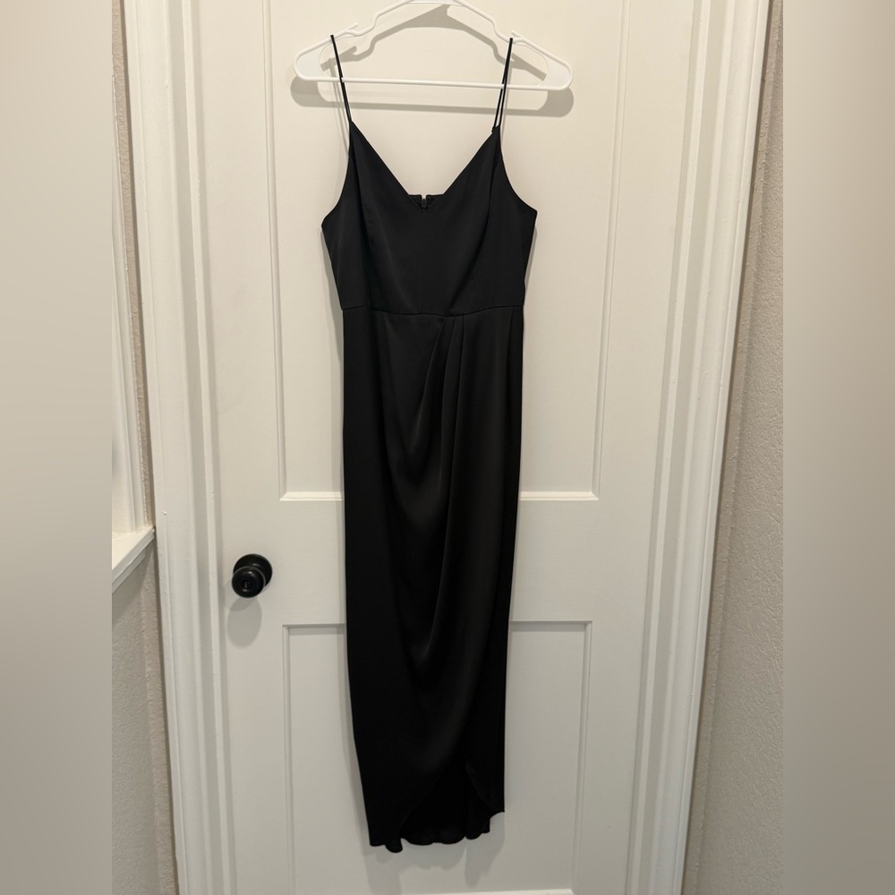 Black faux wrap satin dress